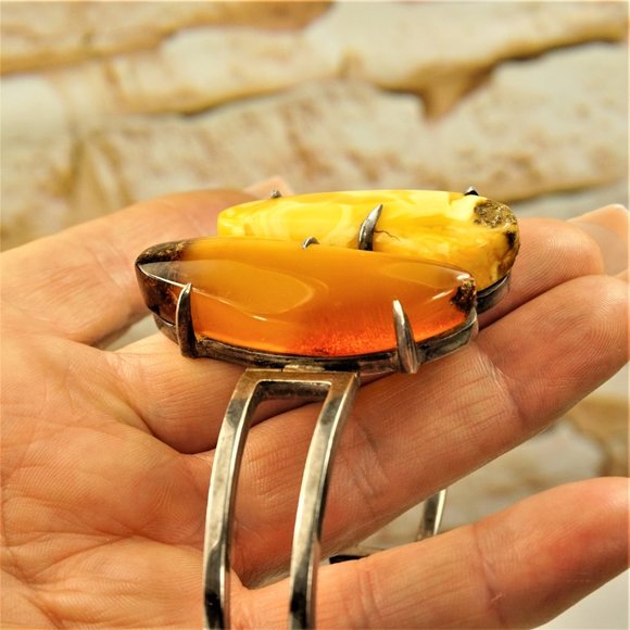 SUPER RARE MODERNIST AMBER STERLING BRACELET, HEAVY HINGED BANGLE 7" - Picture 3 of 11